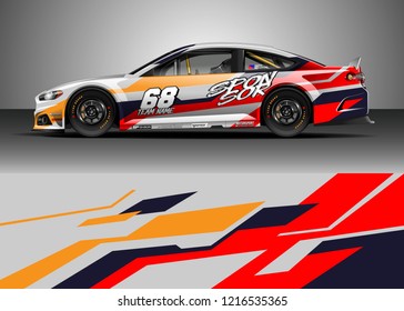 Racing car wrap design vector. Graphic abstract stripe racing background kit designs for wrap vehicle, race car, rally, adventure and livery