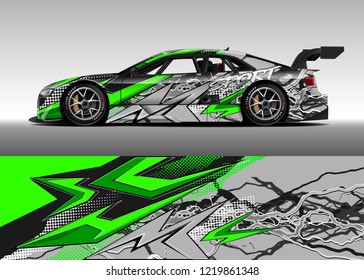 Racing car wrap design vector. Graphic abstract stripe racing background kit designs for wrap vehicle, race car, rally, adventure and livery