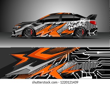 Racing car wrap design vector. Graphic abstract stripe racing background kit designs for wrap vehicle, race car, rally, adventure and livery