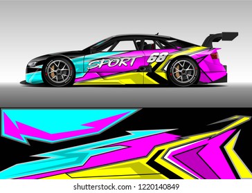 Racing car wrap design vector. Graphic abstract stripe racing background kit designs for wrap vehicle, race car, rally, adventure and livery