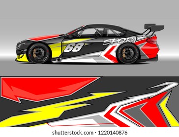 Racing car wrap design vector. Graphic abstract stripe racing background kit designs for wrap vehicle, race car, rally, adventure and livery