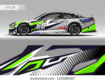 Racing car wrap design vector. Graphic abstract stripe racing background kit designs for wrap vehicle, race car, adventure and livery