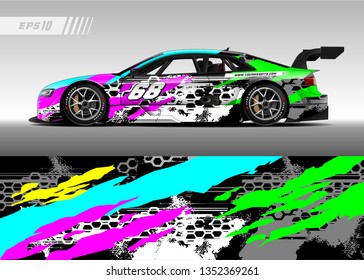 Racing car wrap design vector. Graphic abstract stripe racing background kit designs for wrap vehicle, race car, rally, adventure and livery