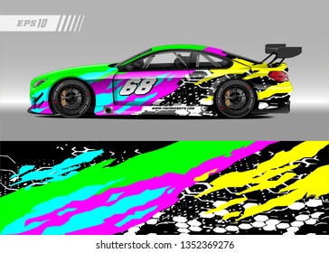 Racing car wrap design vector. Graphic abstract stripe racing background kit designs for wrap vehicle, race car, rally, adventure and livery