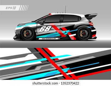 Racing car wrap design vector. Graphic abstract stripe racing background kit designs for wrap vehicle, race car, rally, adventure and livery