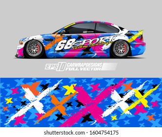 Racing car wrap design vector. Graphic abstract stripe racing background kit designs for wrap vehicle, race car, rally, adventure and livery. Full vector eps 10