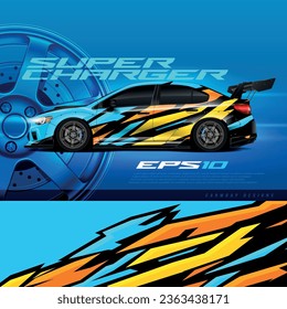 Vector de diseño de ajuste de coches de carreras. Diseños gráficos abstractos de banda de fondo de carreras para envolver vehículos, carreras de coches, rally, aventura y livery