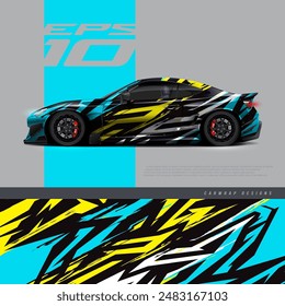 Racing car wrap design vector. Graphic abstract stripe racing background kit designs for wrap vehicle, race car, rally, adventure and livery