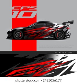 Racing car wrap design vector. Graphic abstract stripe racing background kit designs for wrap vehicle, race car, rally, adventure and livery