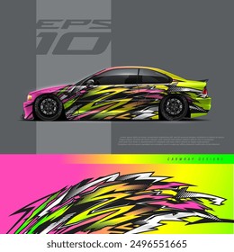 Racing car wrap design vector. Graphic abstract stripe racing background kit designs for wrap vehicle, race car, rally, adventure and livery