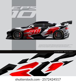 Racing car wrap design vector. Graphic abstract stripe racing background kit designs for wrap vehicle, race car, rally, adventure and livery