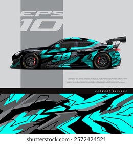 Racing car wrap design vector. Graphic abstract stripe racing background kit designs for wrap vehicle, race car, rally, adventure and livery