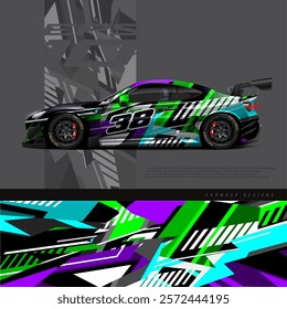 Racing car wrap design vector. Graphic abstract stripe racing background kit designs for wrap vehicle, race car, rally, adventure and livery