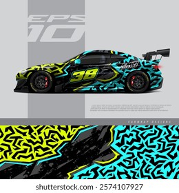 Racing car wrap design vector. Graphic abstract stripe racing background kit designs for wrap vehicle, race car, rally, adventure and livery