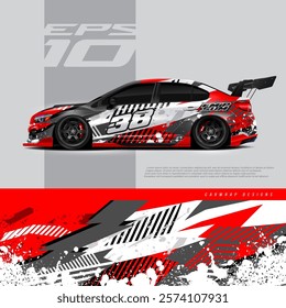 Racing car wrap design vector. Graphic abstract stripe racing background kit designs for wrap vehicle, race car, rally, adventure and livery