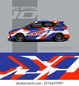 Racing car wrap design vector. Graphic abstract stripe racing background kit designs for wrap vehicle, race car, rally, adventure and livery