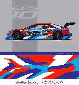 Racing car wrap design vector. Graphic abstract stripe racing background kit designs for wrap vehicle, race car, rally, adventure and livery