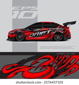 Racing car wrap design vector. Graphic abstract stripe racing background kit designs for wrap vehicle, race car, rally, adventure and livery