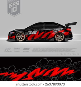 Racing car wrap design vector. Graphic abstract stripe racing background kit designs for wrap vehicle, race car, rally, adventure and livery