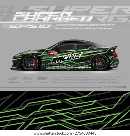 Racing car wrap design vector. Graphic abstract stripe racing background kit designs for wrap vehicle, race car, rally, adventure and livery