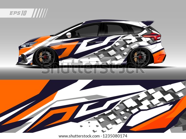 Racing car wrap design vector. Graphic abstract\
stripe racing background kit designs for wrap vehicle, race car,\
adventure and livery