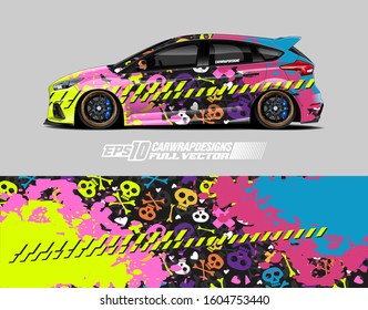 Racing car wrap skull design vector. Graphic abstract stripe racing background kit designs for wrap vehicle, race car, rally, adventure and livery. Full vector eps 10