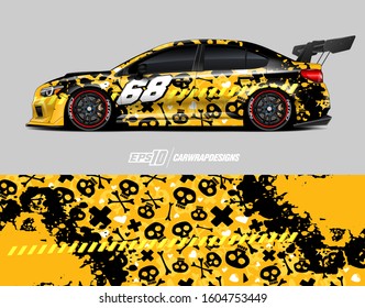 Racing car wrap skull design vector. Graphic abstract stripe racing background kit designs for wrap vehicle, race car, rally, adventure and livery. Full vector eps 10