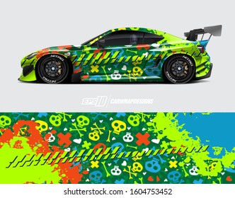 Racing car wrap skull design vector. Graphic abstract stripe racing background kit designs for wrap vehicle, race car, rally, adventure and livery. Full vector eps 10