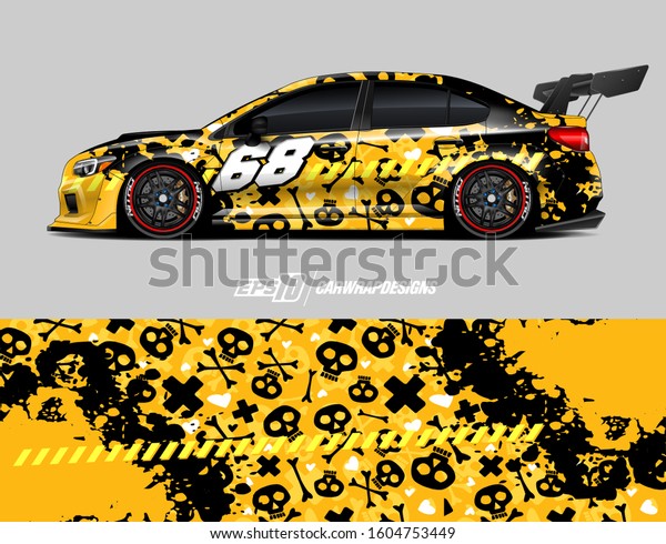 Racing car wrap skull\
design vector. Graphic abstract stripe racing background kit\
designs for wrap vehicle, race car, rally, adventure and livery.\
Full vector eps 10