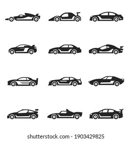 Racing cars bold black silhouette icons set isolated on white. Sport autos pictograms collection, logo. Motorsport, fast speed driving, modern automobiles vector elements for infographic, web.