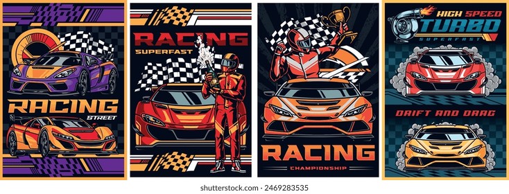 Carros de carreras colorido conjunto de afiches con botella de champán o taza de oro en la mano campeón conductor de pie cerca de la Ilustración vectorial del coche