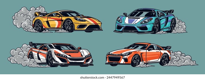 Coches de carreras pegatinas de conjunto colorido con automóviles rápidos para la deriva con humo que viene de debajo de las ruedas Ilustración vectorial