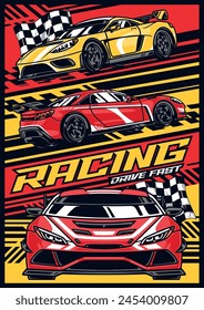 Racing cars colorful vintage flyer with covered automobiles with powerful tuned body near checkered flags vector illustration