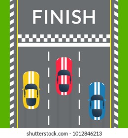 Racing Cars Crossing The Finish Line On The Rally Track. Top View. Car Race Banner. Vector Illustration.