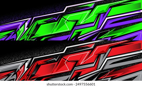 Racing cars decals vibrant abstract design, dynamic colorful graphic vinyl wraps. Stripe sticker for cars, bikes, skateboard