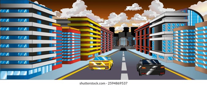 Racing Cars Driving in The Night Vector Illustration