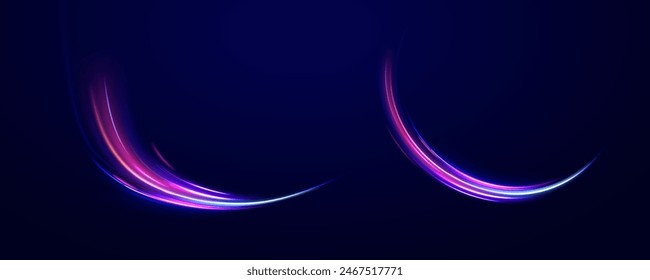 Carros de carreras efectos flash dinámicos carretera de la ciudad con luces nocturnas de larga exposición. Energía eléctrica. Cinta de deslumbramiento LED. Tecnología de movimiento dinámico futurista. 