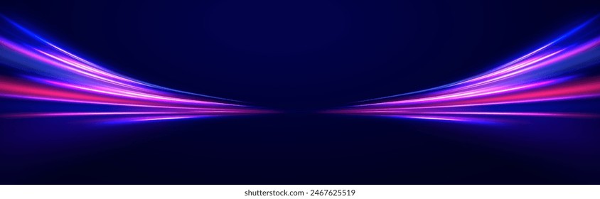 Racing cars dynamic flash effects city road with long exposure night ligh. High Speed Lines With Focus vector background with blurred fast moving light effect, blue purple colors	