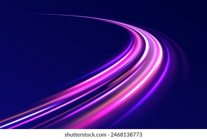 Racing cars dynamic flash effects city road with long exposure night ligh. High Speed Lines With Focus vector background with blurred fast moving light effect, blue purple colors	