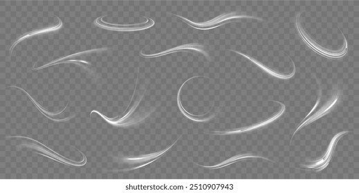 Coches de carreras efectos de flash dinámico carretera de la ciudad con luz nocturna de larga exposición. Rayos láser luminosos abstractos brillantes aislados sobre un fondo transparente.