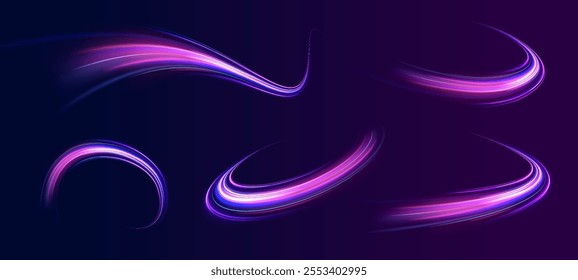 Racing cars dynamic flash effects city road with long exposure. Horizontal speed lines connection vector background. Futuristic dynamic motion technology blue glowing lines air flow effect.   