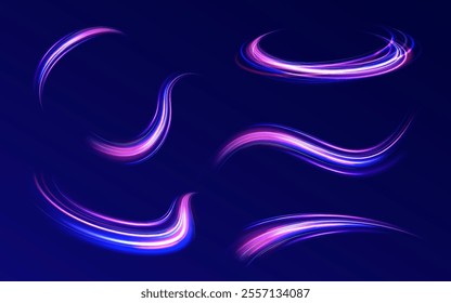Racing cars dynamic flash effects city road with long exposure. Horizontal speed lines connection vector background. Futuristic dynamic motion technology blue glowing lines air flow effect.   