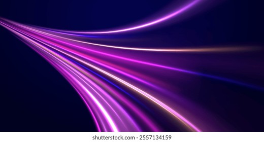 Racing cars dynamic flash effects city road with long exposure. Horizontal speed lines connection vector background. Futuristic dynamic motion technology blue glowing lines air flow effect.  
