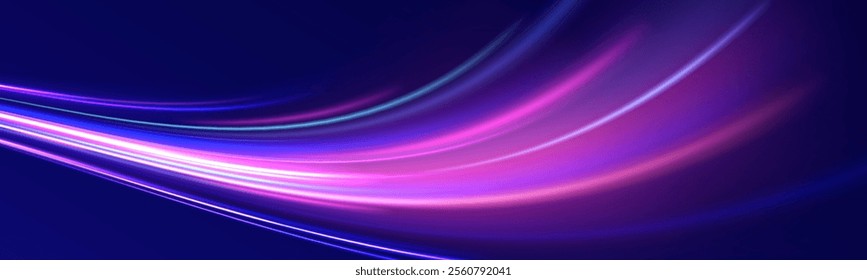 Racing cars dynamic flash effects city road with long exposure. Horizontal speed lines connection vector background. Futuristic dynamic motion technology blue glowing lines air flow effect.   