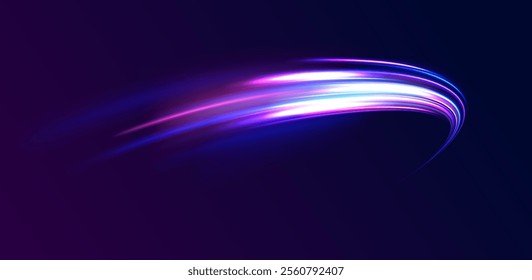 Racing cars dynamic flash effects city road with long exposure. Horizontal speed lines connection vector background. Futuristic dynamic motion technology blue glowing lines air flow effect. 