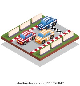 Racing cars at the finish line. Isometric. Isolated on white background. Vector illustration.