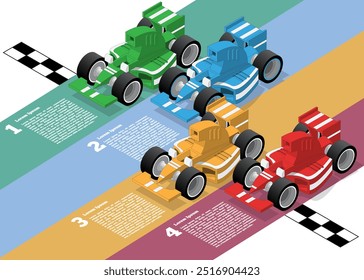 Racing cars at the finish line. Isometric.The template for the presentation. Vector illustration. 