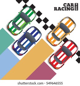 Racing cars at the finish line. View from above. The template for the presentation. Vector illustration.