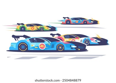 Racing cars in a high-speed competition, vibrant colors and dynamic motion. Automotive racing and competitive sports, vector illustration.