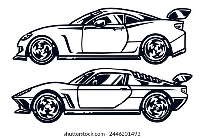 Racing cars monochrome set stickers with fast sports automobile side view for magazine design for professional drivers vector illustration